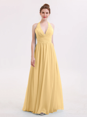 Halter Deep V-Neck Ruched Chiffon A-Line Bridesmaid Maxi Dress