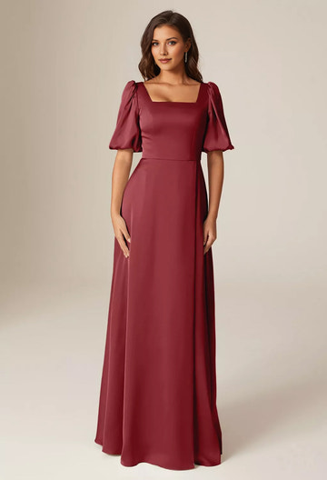 Square Neck Puff Sleeve Satin A-Line Bridesmaid Maxi Dress with Side Slit