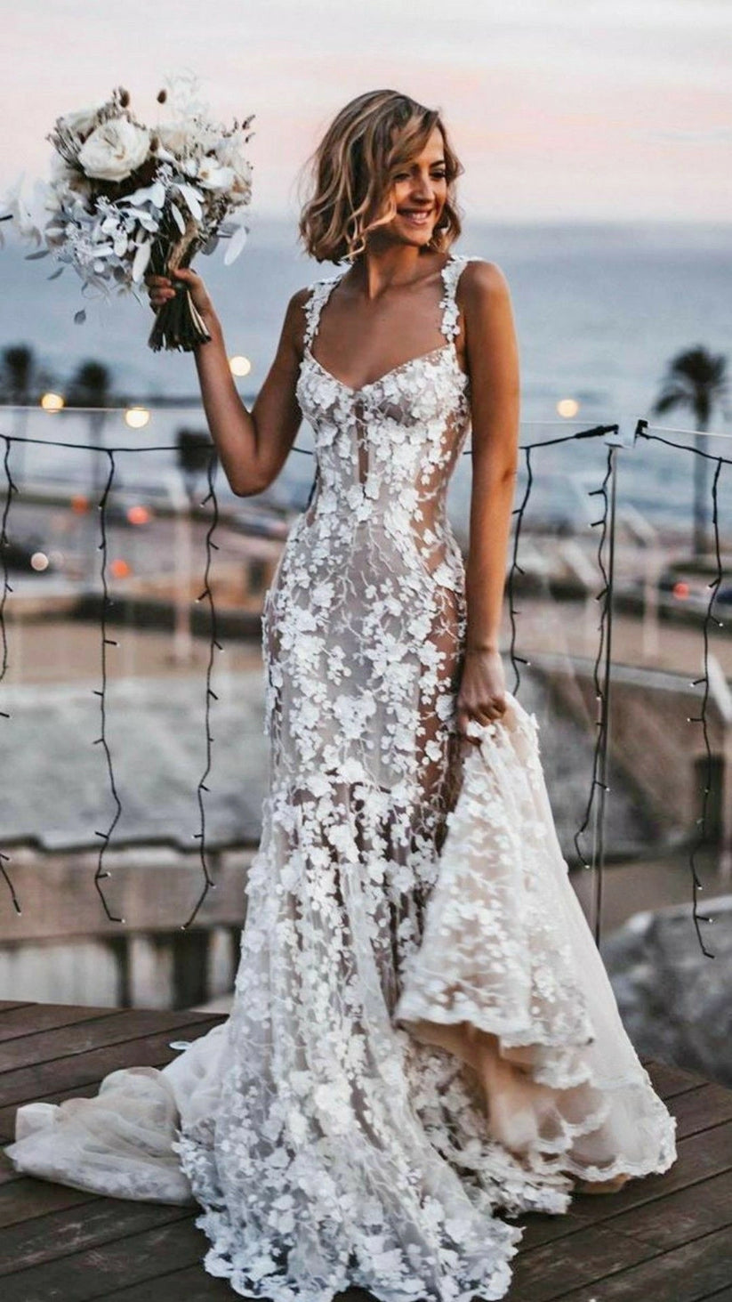 Vedress chic sheer 3D floral lace mermaid wedding dress off shoulder lace strap low back for french manor bride
