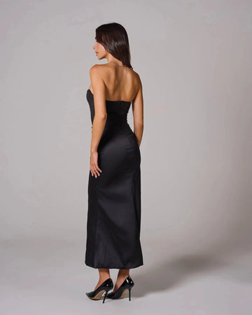 Black ankle-length wedding guest dress with fitted zipper back