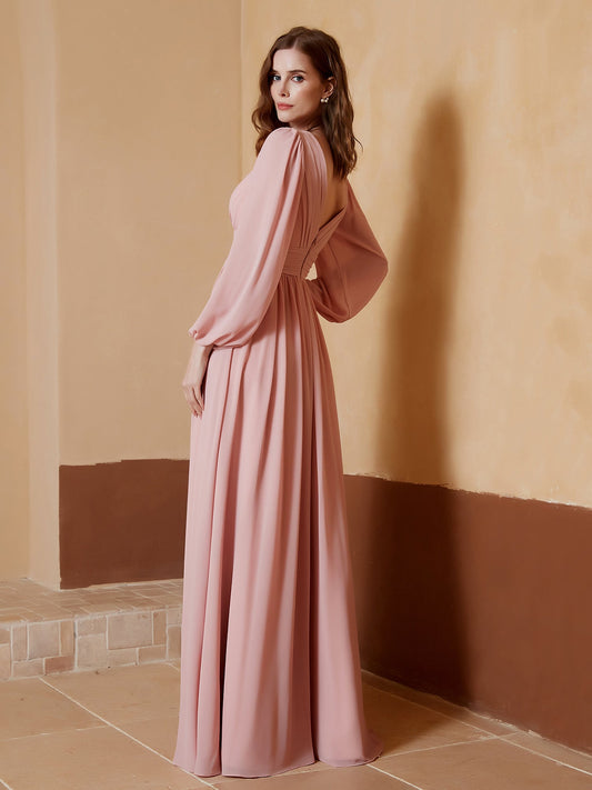 Dusty Pink Chiffon Long Sleeve V-Neck Bridesmaid Maxi Dress with Slit