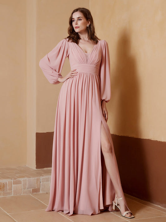 Dusty Pink Chiffon Long Sleeve V-Neck Bridesmaid Maxi Dress with Slit