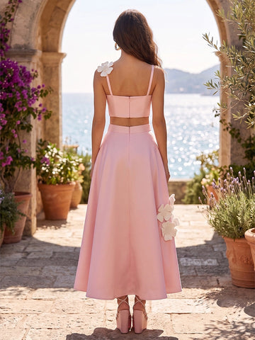 Romantic Two-Piece A-Line Square Sleeveless Zip-Back Midi-Length Bridesmaid Dress