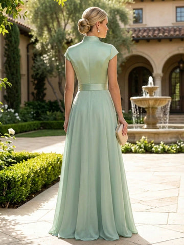 Model wearing vedress sage green stand collar mother of bride dress invisible zip back satin chiffon formal rear view