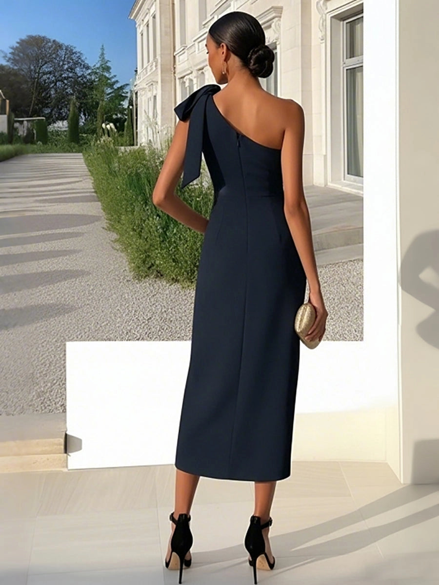 Back view vedress one shoulder zip back sheath midi plus size wedding guest gown with back slit