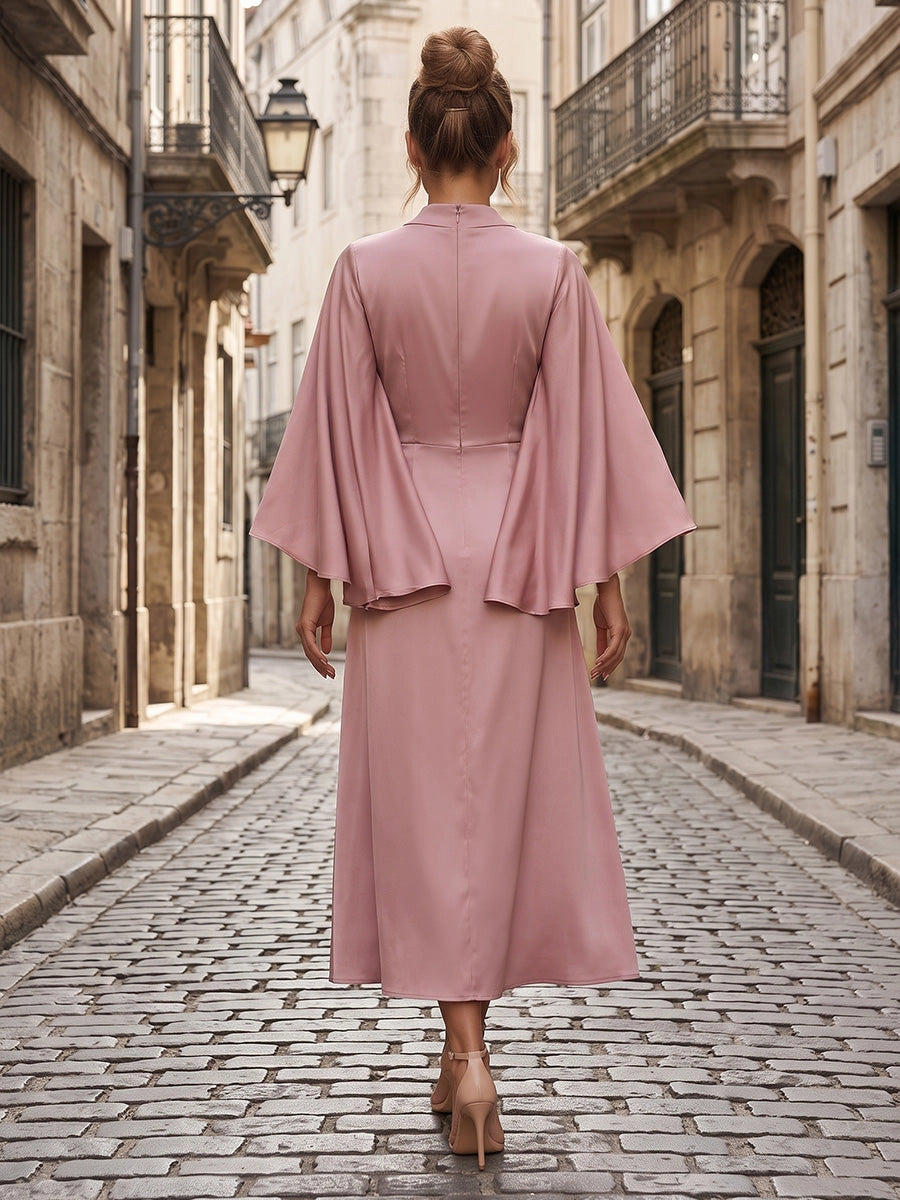 Model wearing vedress dusty pink formal midi dress solid back invisible zip cape sleeve rear view