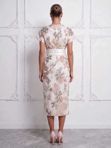 Vedress floral embroidered midi dress back view bateau neck satin waist belt back zipper
