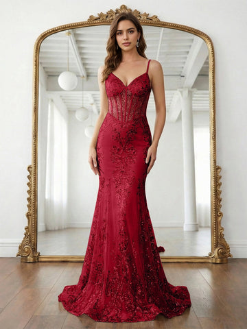 Elegant Mermaid V-Neck Sleeveless Floor-Length Sequin Corset Tulle Prom Dress