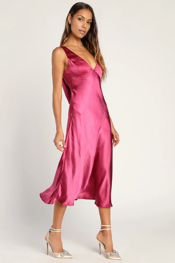 Silky Satin A Line Deep V Spaghetti Strap Cowl Back Midi Homecoming Dress
