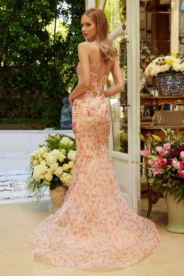 Vestido de Sirena sin Tirantes con Escote Corazón y Adornos Florales - Vestido de Fiesta y Gala Rosa Pastel
