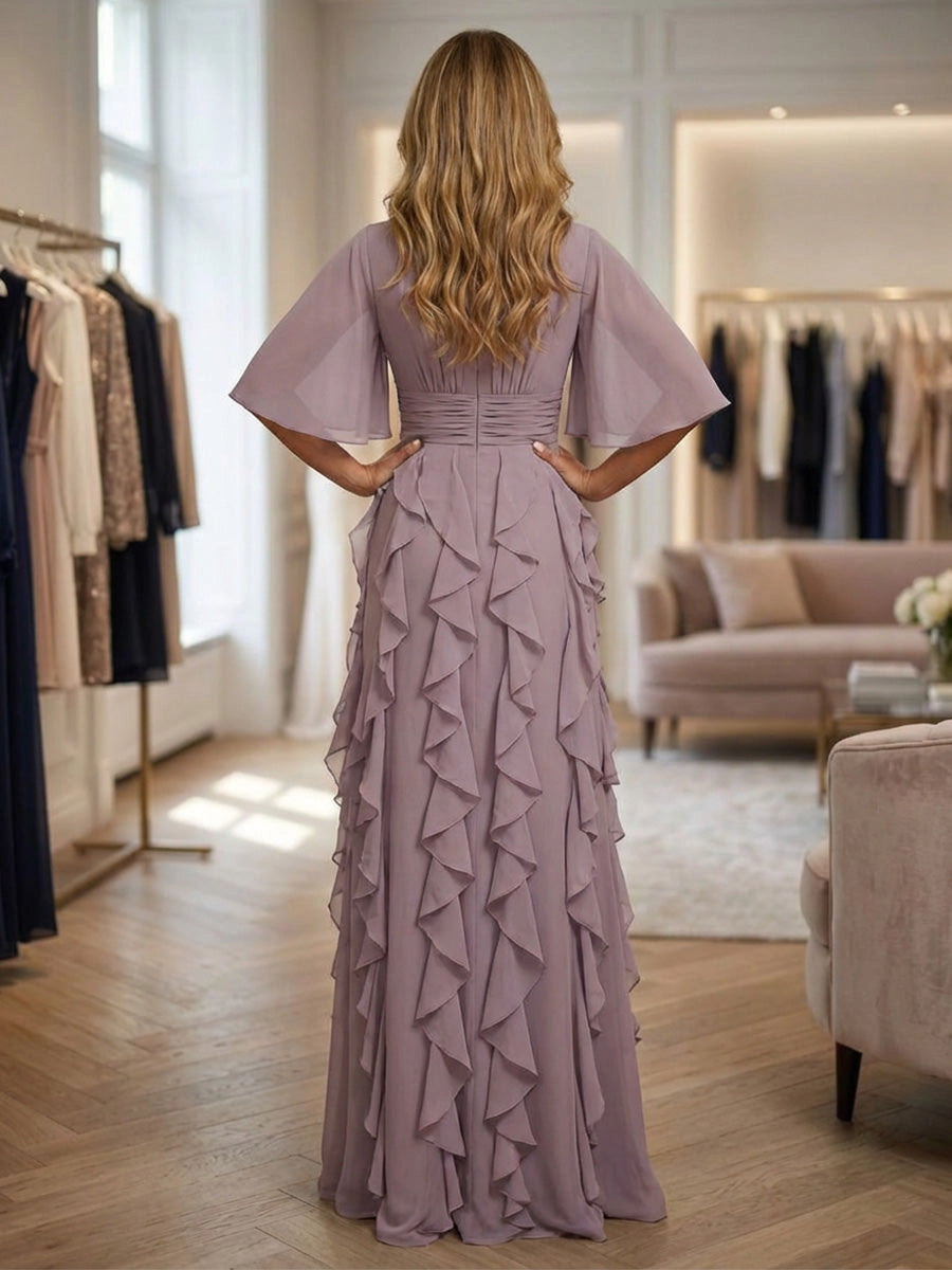 Back view vedress round zip back flutter sleeve ruffle chiffon floor length plus size mother gown