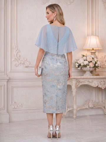 Vedress dusty blue jacquard formal dress back view sheer cape sleeve keyhole back invisible zipper