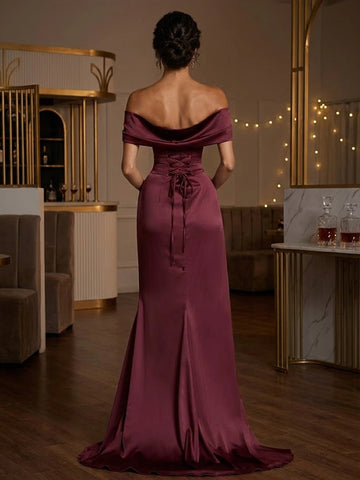 Back view vedress burgundy satin mermaid gown lace‑up corset back off‑shoulder prom evening dress