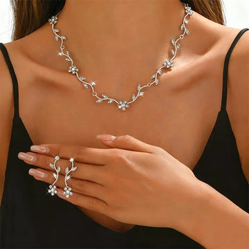 Silver-Tone Floral Vine Necklace and Drop Earrings Set
