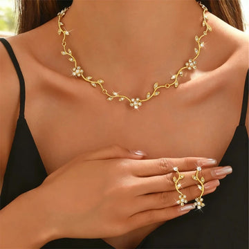 Silver-Tone Floral Vine Necklace and Drop Earrings Set