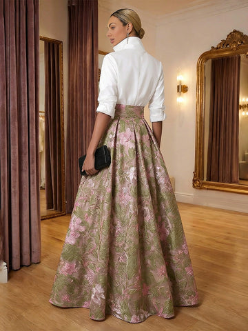 Vedress pink green jacquard two piece mother of the bride dress back view