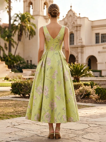 Vedress chartreuse floral jacquard wedding guest midi gown V back view with zipper closure
