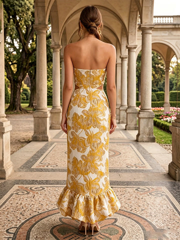 Vedress cream golden floral jacquard wedding guest strapless dress back view with zipper