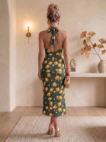 Vedress jacquard halter wedding guest dress open back with fabric tie bow rear view