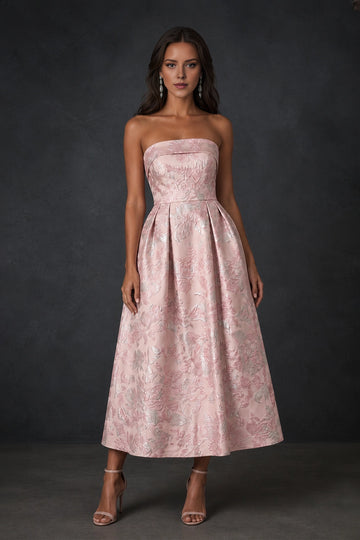 Elegant Floral A-Line Straight-Neck Strapless Open-Back Midi Wedding Guest Dress
