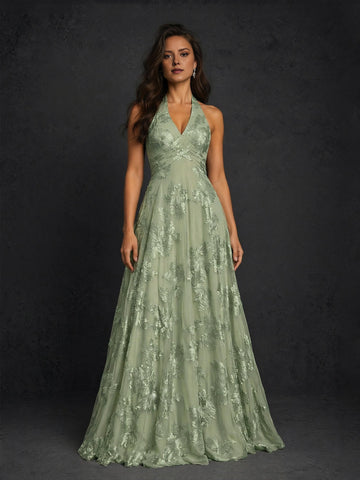 Elegant Floral A-Line Halter-Neck Sleeveless Open-Back Floor-Length Wedding Guest Dress