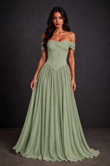 Romantic Sage A-Line Sweetheart Short-Sleeve Lace-Up Back Floor-Length Bridesmaid Dress