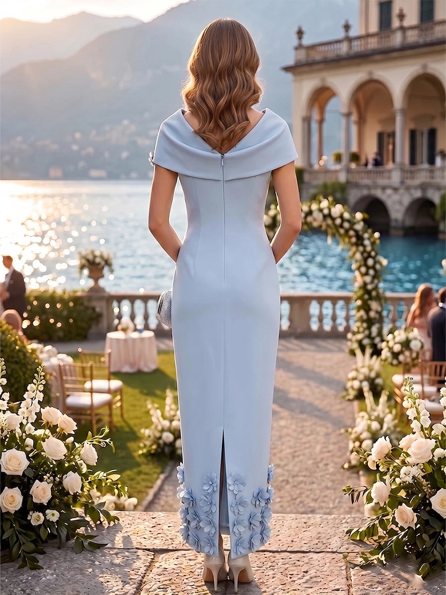 Back view vedress draped shoulder zip back sheath ankle length plus size mother gown with 3d flowers