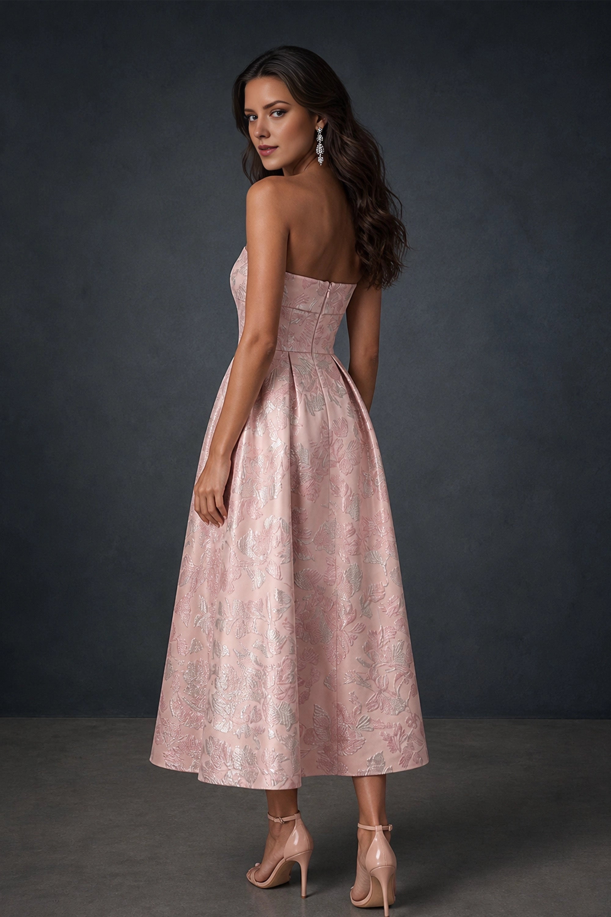 Blush pink floral Wedding Guest Dress with open back, center zipper, and A-line midi skirt