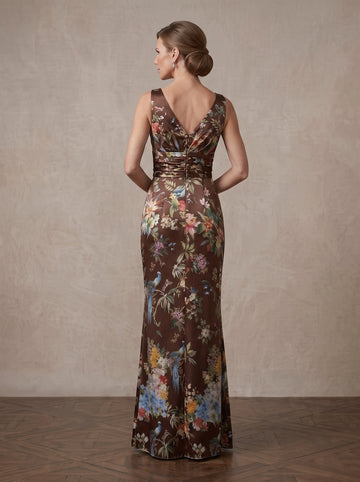 Vedress brown floral satin v-neck mermaid mother of bride dress v back zipper view