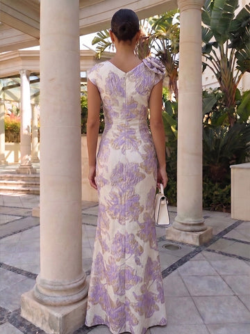 Vedress floral jacquard mermaid gown back view v back center zipper one shoulder 3D flower detail