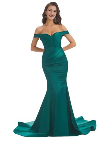 Vestido de noche largo de satén con escote corazón, fruncido, tipo sirena, con hombros descubiertos y cola