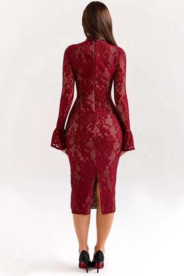 Back view of a burgundy lace wedding guest dress with a center-back zipper and rear skirt slit