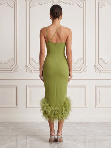 Model wearing vedress green one shoulder sheath midi prom dress invisible zip back feather trim outfit