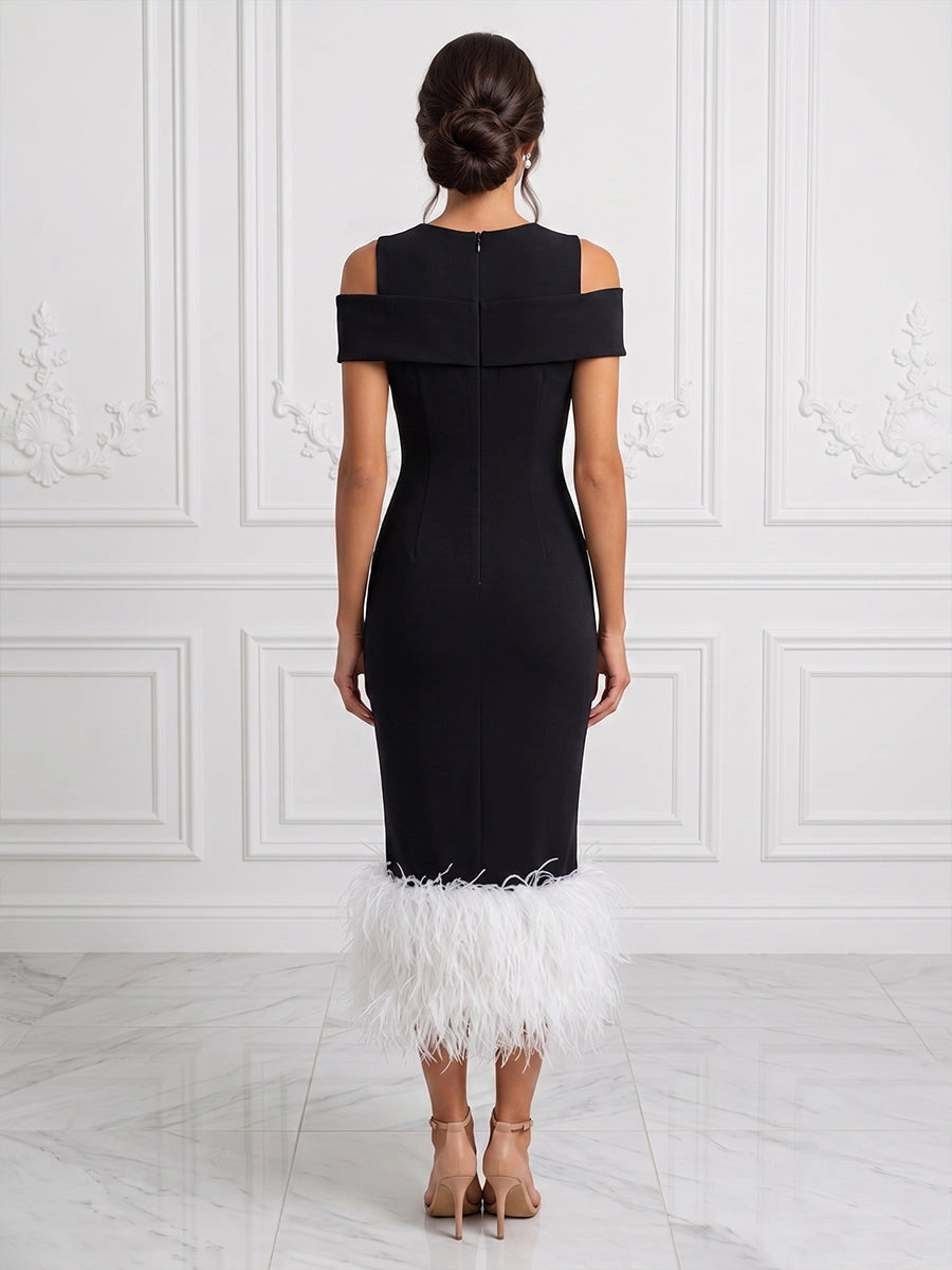 Back view vedress round zip back cold shoulder sheath midi plus size wedding guest gown with feather trim