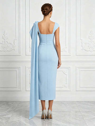 Model wearing vedress light blue formal midi dress u open back invisible zip long sash rear view