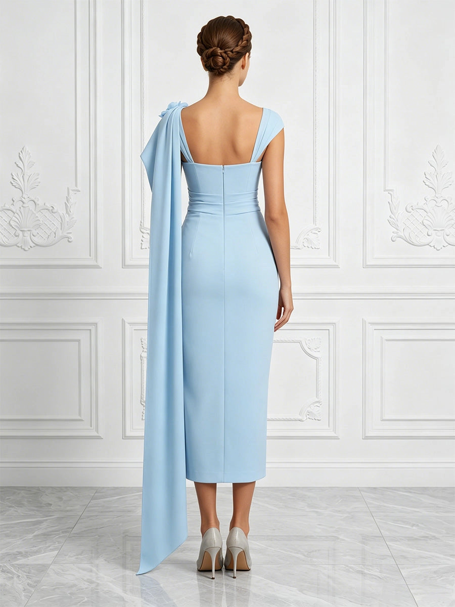 Model wearing vedress light blue formal midi dress u open back invisible zip long sash rear view