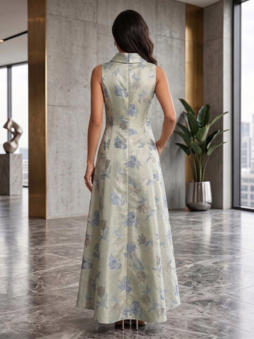 Vedress sage green floral jacquard wedding guest sleeveless gown back view with zipper closure