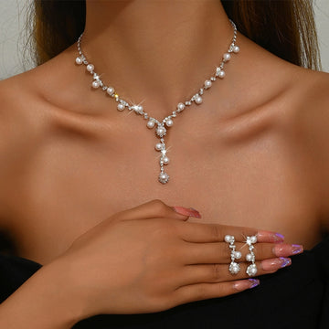 Silver-Tone Pearl Y Necklace and Drop Earrings Set
