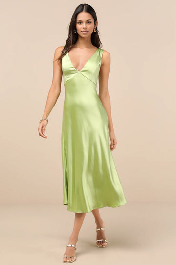 Vedress light lime silky satin a line midi homecoming dress deep v spaghetti strap teen formal gown