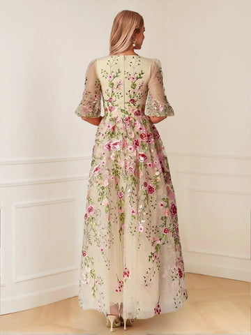 Back view vedress zip back puff sleeve floral embroidered tulle floor length plus size mother gown