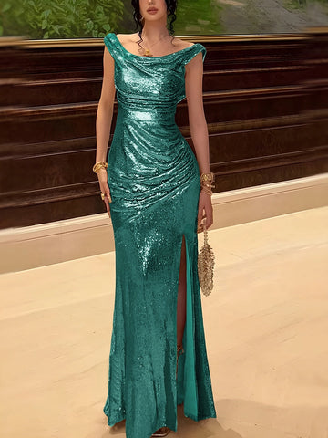 Elegant Mermaid Cowl‑Neck Off‑Shoulder Sleeveless Cowl‑Back Floor‑Length Evening Prom Dress