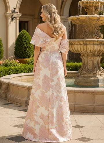 Vedress off shoulder floor length floral jacquard mother of bride gown back view center zipper fitted bodice