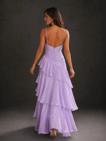 Lavender floor-length Wedding Guest Dress with open back, spaghetti straps, and cascading ruffles