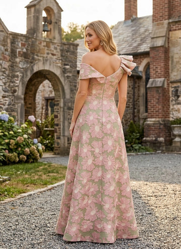 Vedress pink green floral jacquard one shoulder mother of bride dress zipper back view