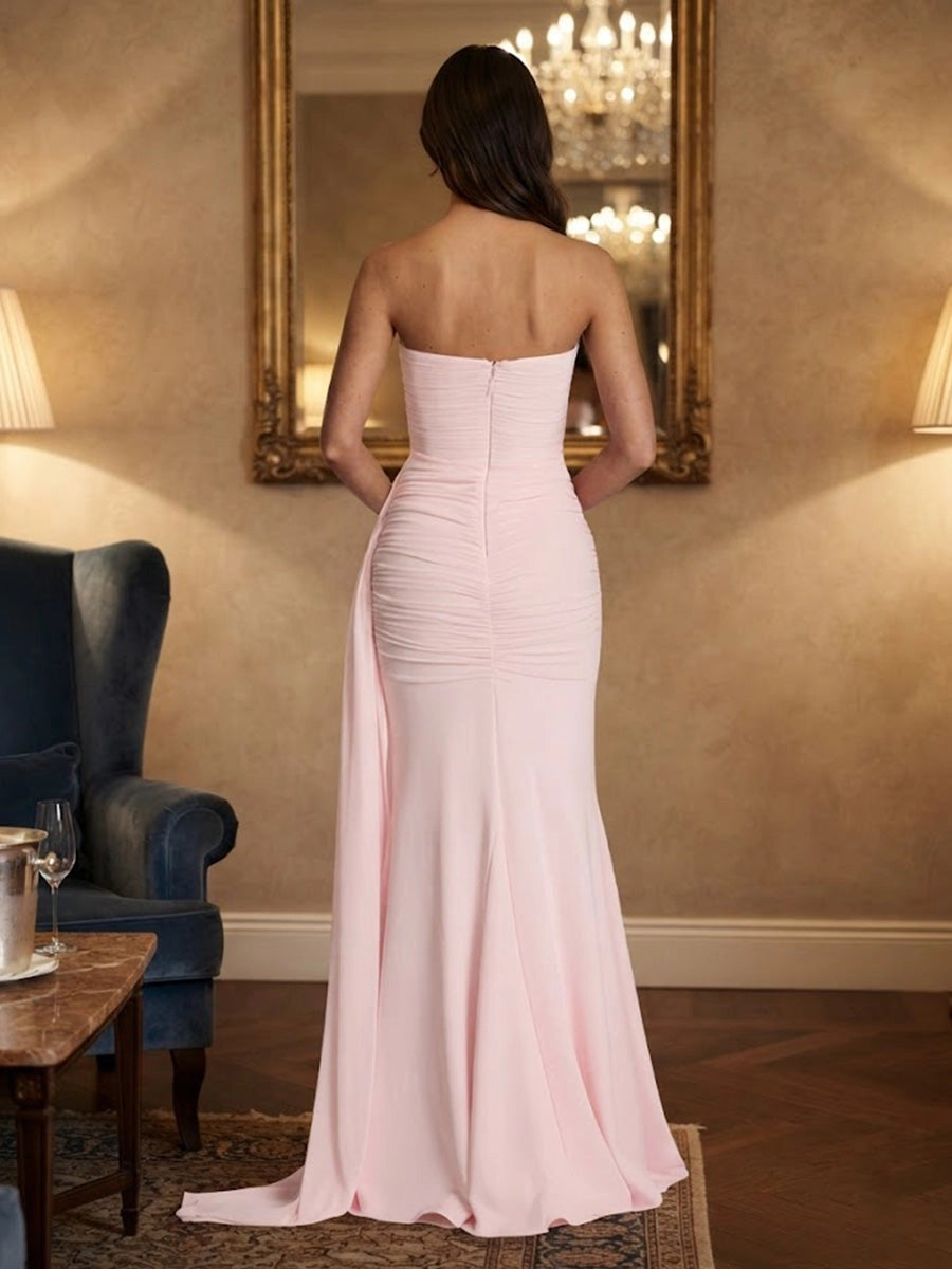 Back view vedress blush bridesmaid gown strapless zipper back ruched mermaid formal dress