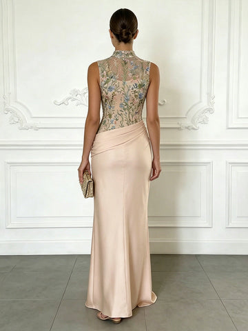 Back view vedress embroidered mesh mother gown high neck zipper back draped satin floor length dress