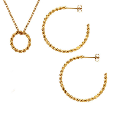 Gold-Tone Twisted Circle Necklace and Hoop Earrings Set