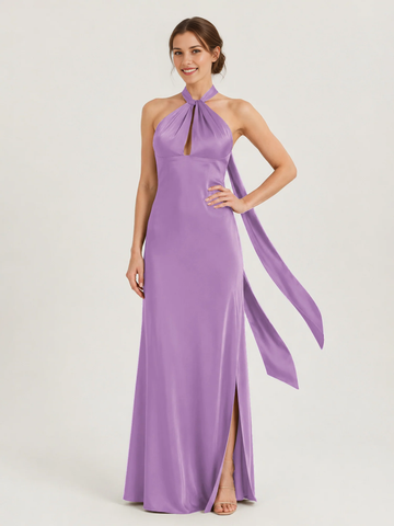 Halter Neck Keyhole Satin Mermaid Bridesmaid Dress with Back Bow & High Slit