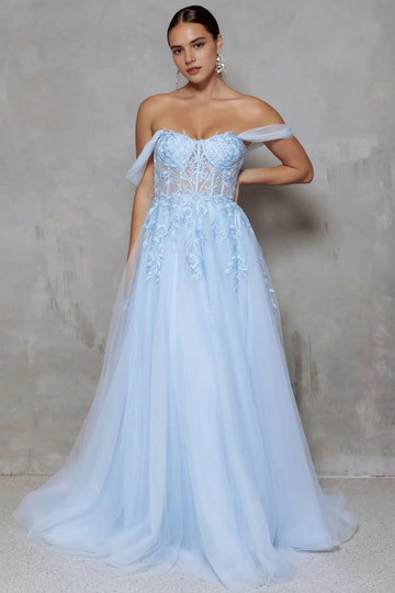 off-shoulder tulle evening dress with sweetheart neckline, sheer corset bodice, floral applique, and flowing A-line skirt