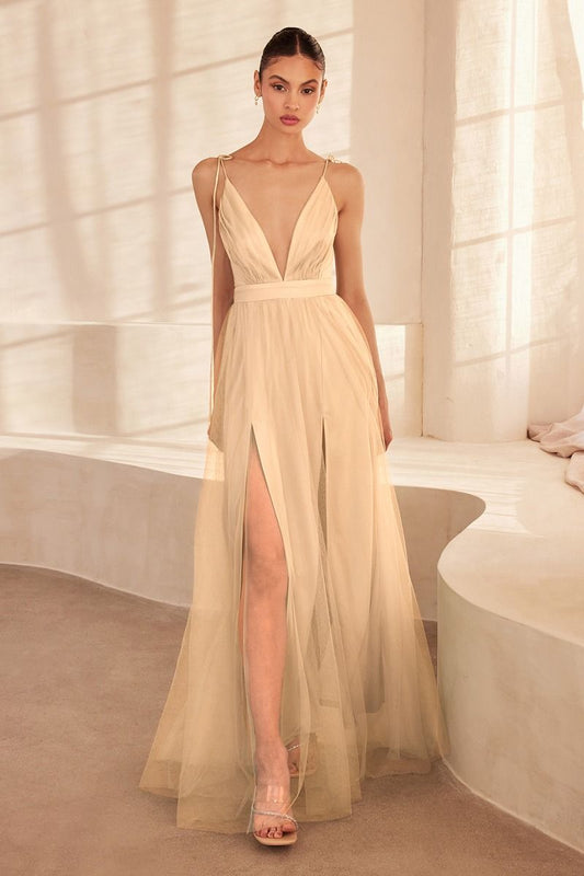 Prom Dress Spaghetti Strap Deep V-Neck Tulle Maxi Dress with Double Slits – Elegant Bridesmaid & Formal Evening Gown for Wedding & Special Occasions